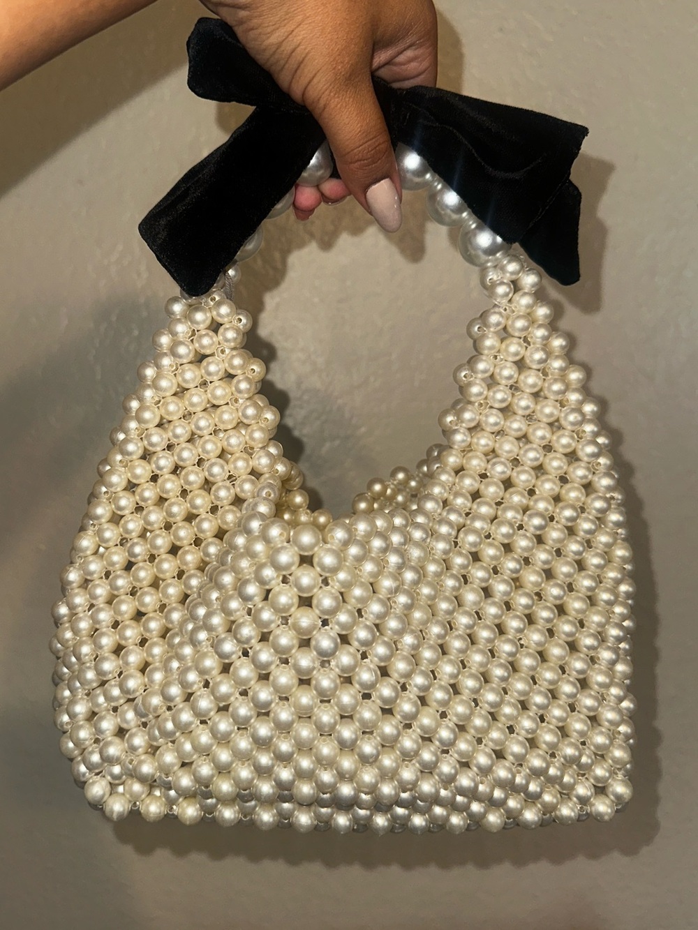 Handcrafted Faux Pearl Beaded Mini Bag with Black Velvet Bow